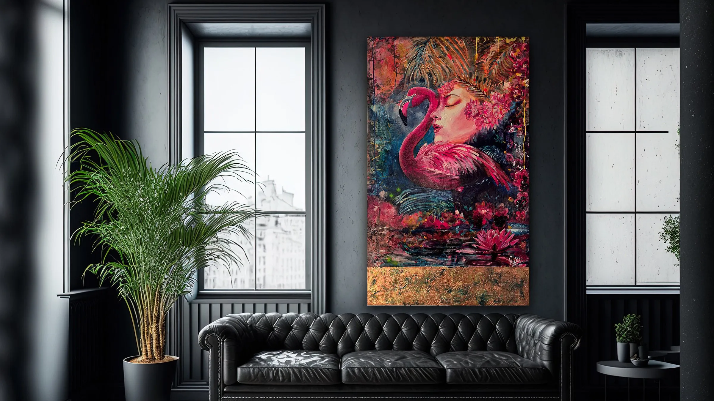 Flamingo mit Blattgold und Stuck in stilvollem Herrenzimmer