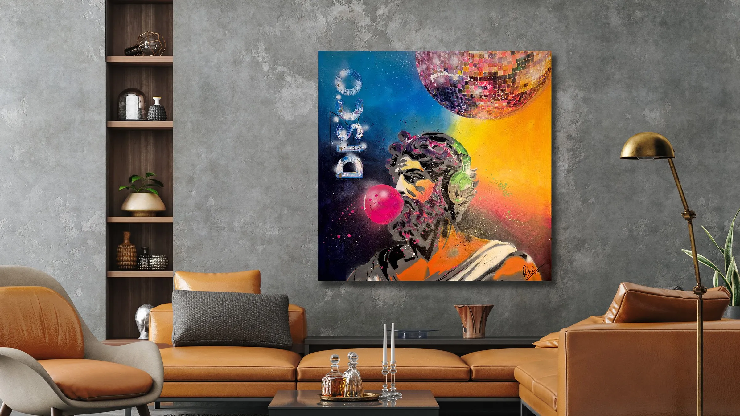 Night Fever Stencil von Künstlerin Rike WolkeSieben, Mixed Media Kunstwerk Pop-Art Interpretation Antike und Gegenwart