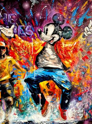 Detail Mickey Maus, Kunstwerk Acryl auf Leinwand von Künstlerin Rike WolkeSieben