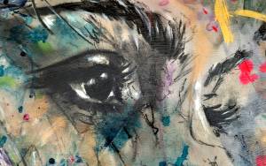 Detailbild Augen und Gesicht Instinktives Feingefuehl Nashorn Leinwand Acryl Kohle Rike WolkeSieben