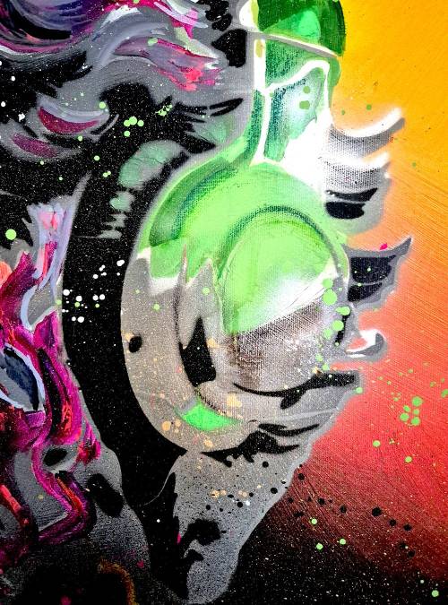 Night Fever Stencil von Künstlerin Rike WolkeSieben, Mixed Media Kunstwerk Pop-Art Interpretation Antike und Gegenwart, Kopfhörer
